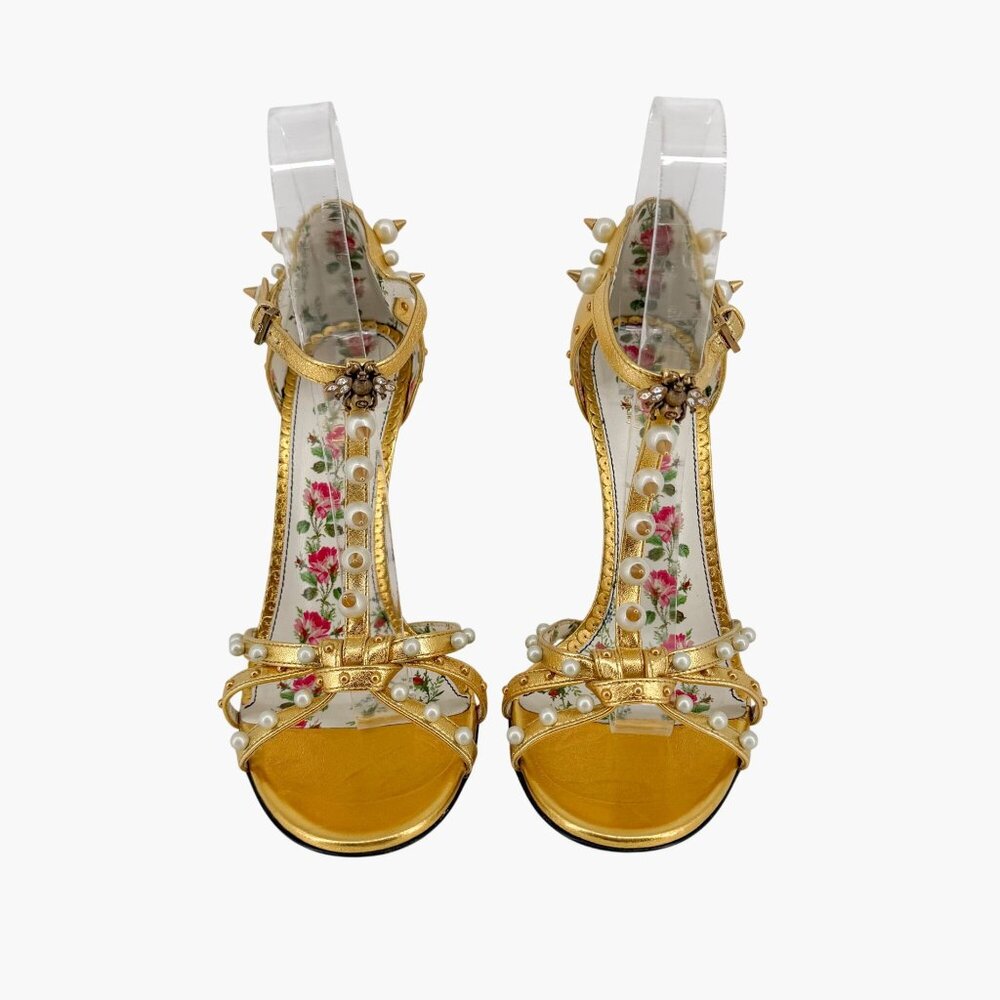Gucci Regina Metallic Gold Pearl Studded T-Strap Heels Bee GG Size 37.5 US 7.5 - Picture 2 of 15